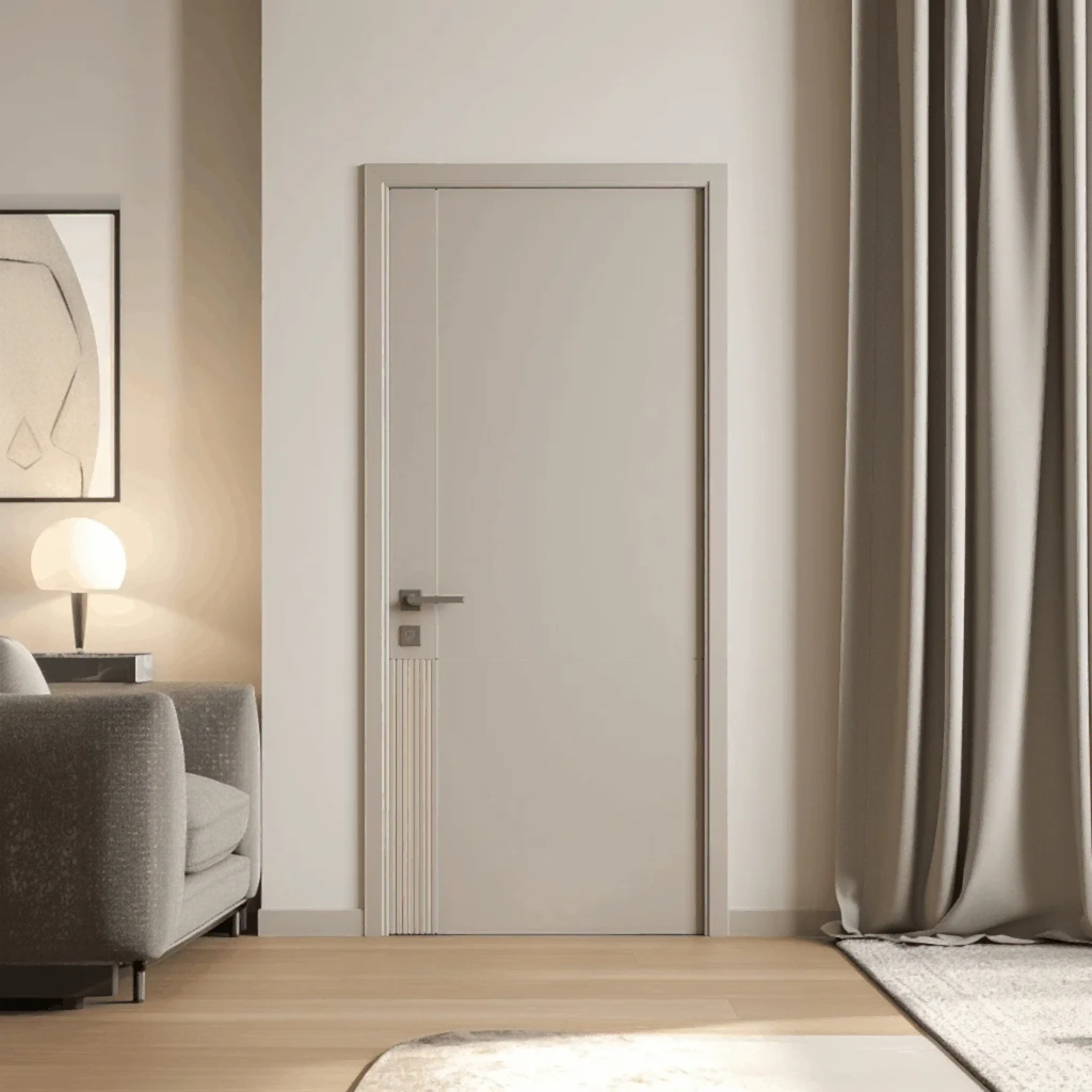 Modern mimariye uygun Bursa Uludor serisi lake iç oda kapısı tasarımı, gri tonlarda minimalist ev dekorasyonu ve yüksek kaliteli iç mekan kapı modelleri görünümü.